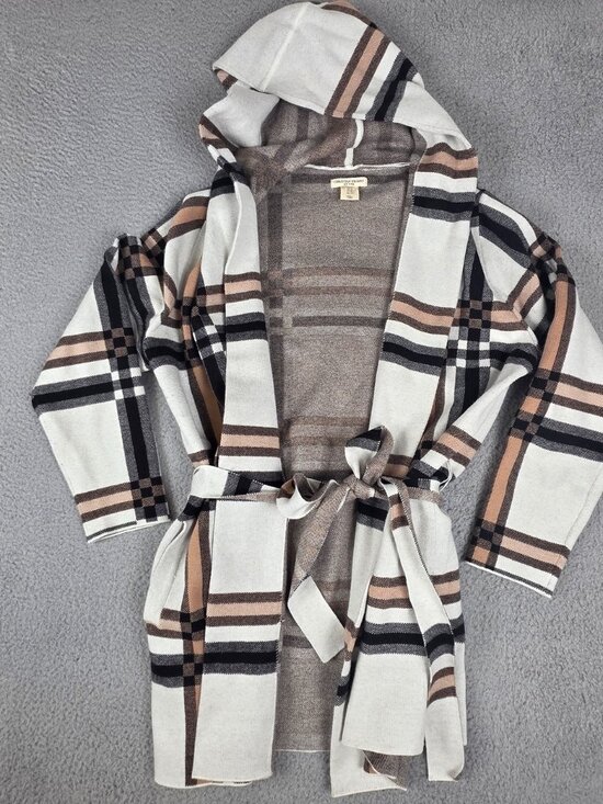 Christian Siriano Jackets & Blazers - Christian Siriano NY Hooded Cardigan Pockets Tie Belt Tartan Plaid Tan Black 1X